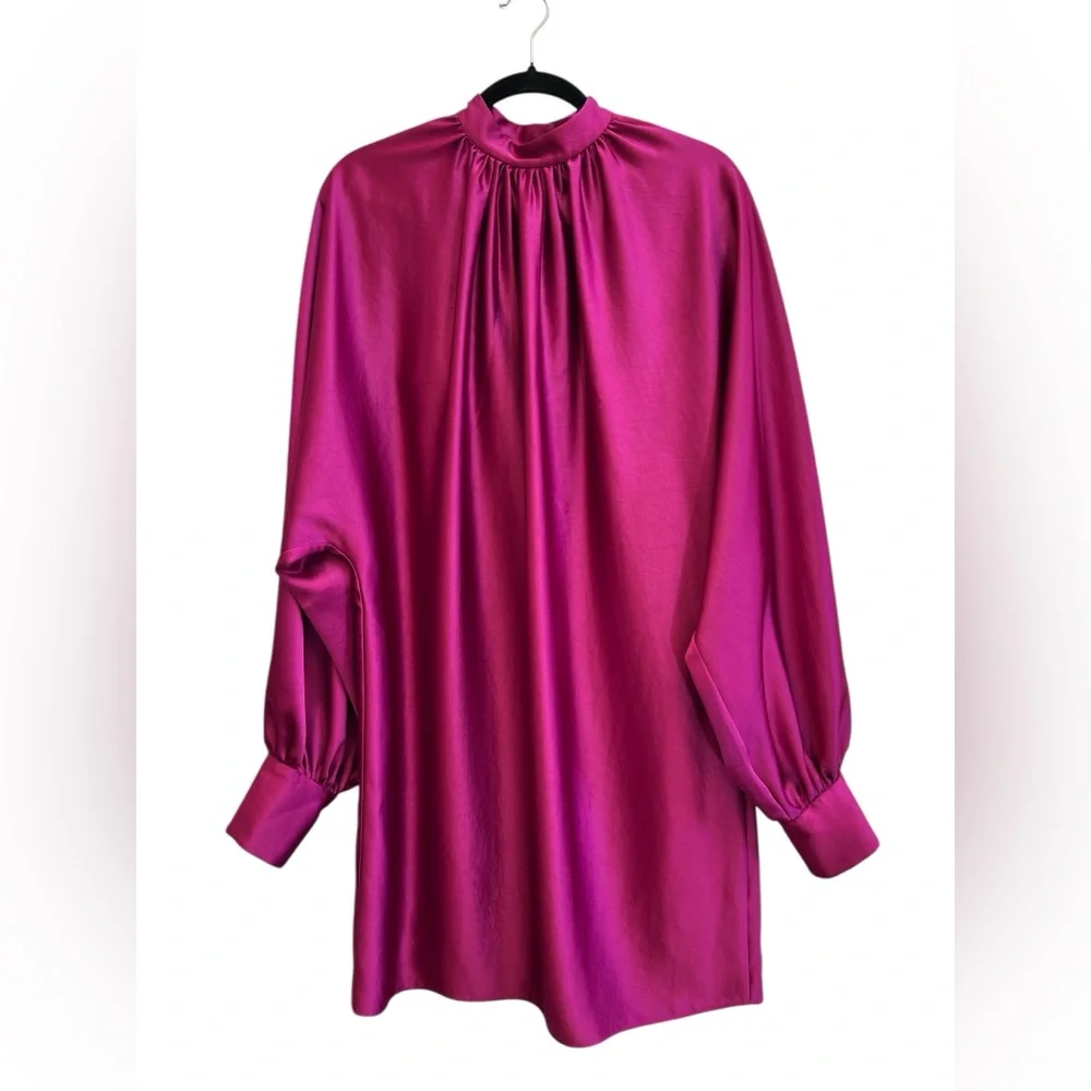 Trina Turk Magenta Satin Mock Neck Cocktail Dress Long Sleeve M - Picture 2 of 9